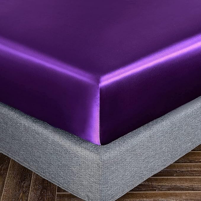 Homiest Purple Satin Fitted Twin XL Size Bed Sheet, Deep Pocket, Luxury & Ultra - Image 3