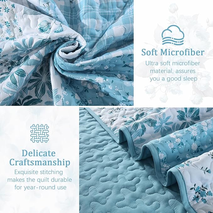 Mybedsoul Blue Patchwork Queen Size Quilt, Soft Boho Floral Spring Bedspreads - Image 6