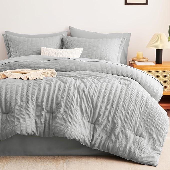 CozyLux Oversized King Comforter Set Light Grey Seersucker 7 Pieces 120x98 Bed - Image 9