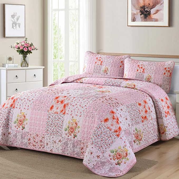 Mybedsoul Patchwork Quilt King Size, Soft Pink Boho Floral King Bedspreads - Image 2