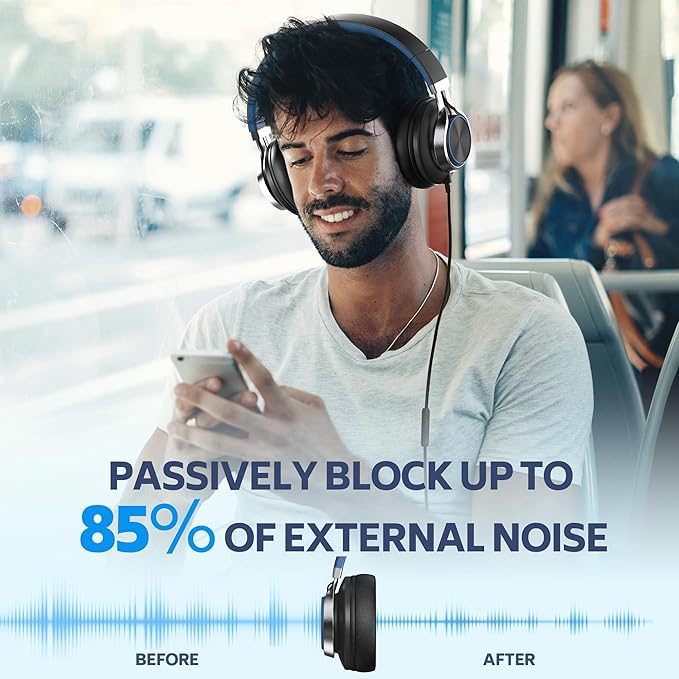 AC01 Over-Ear Headphones Wired, Passive Noise Isolating Corded Stereo Headsets with Mic Volume Control for Adults Teens 3.5mm for Chromebooks, Laptop, Computer, Tablets, Travel (Black Blue)-DeskoryOffice