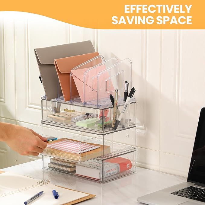 Acrylic Desk Organizer Set, 3 Pack Stackable Desktop Drawer Organizer with 4 Vertical File Holders and 2 Pen Holders, Desk Organizers and Accessories for Home Office Storage-DeskoryOffice