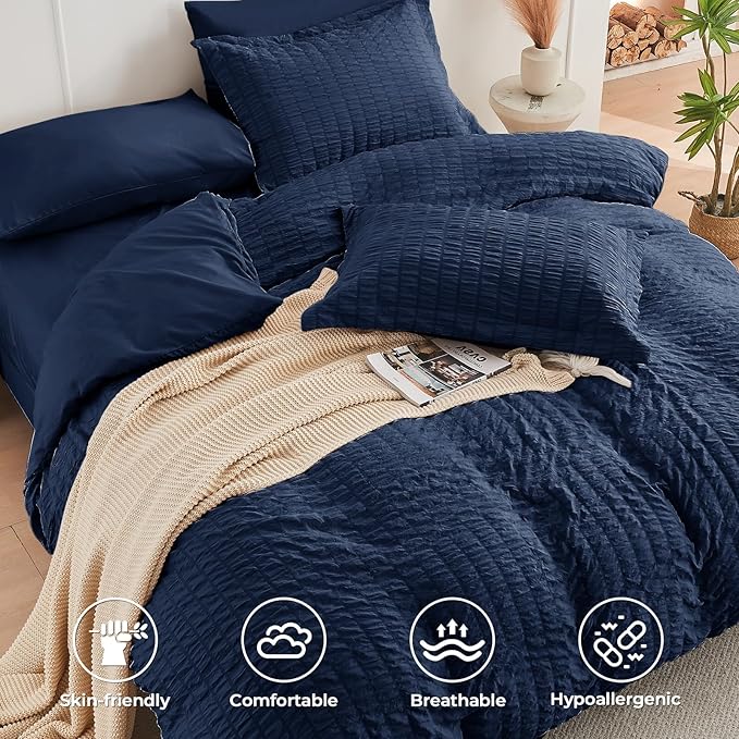 HYMOKEGE Navy Blue Duvet Cover King Size, Ultra Soft 3-Piece Seersucker Duvet - Image 2
