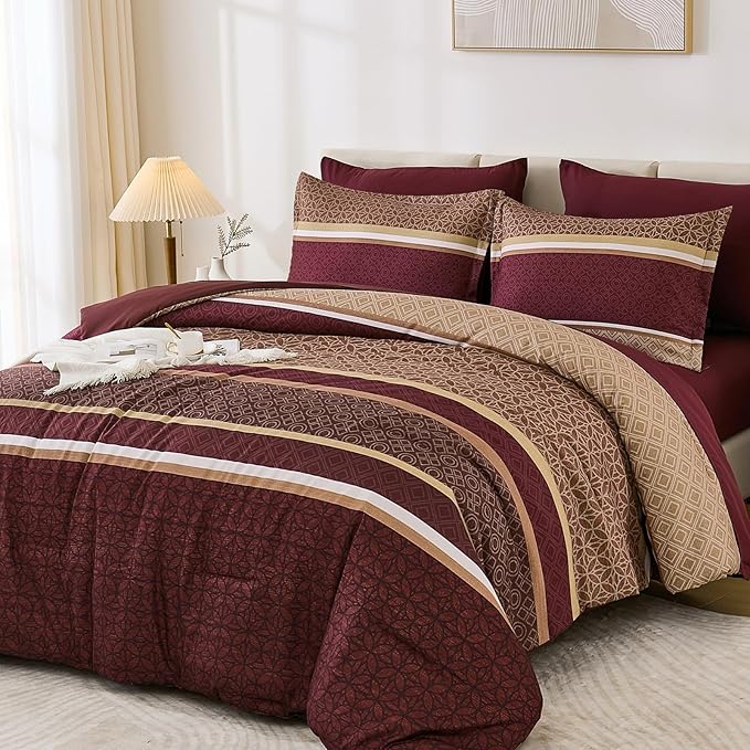 WONGS BEDDING Burgundy Comforter Set Queen Size, 7 Pieces Maroon Striped Bed in - Image 3