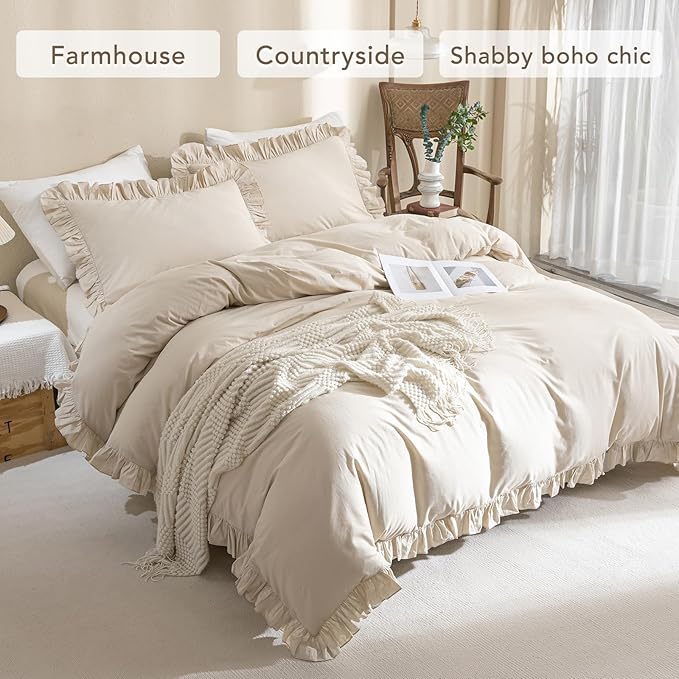 QSH Washed Cotton Queen Duvet Cover Set Ruffle Duvet Cover Linen Textured - Image 4