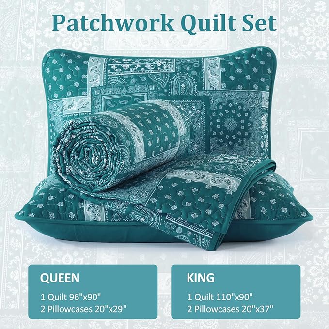 Cottolester Teal Patchwork Quilt Set Queen Size, 3 Pieces Boho Paisley Quilt Set - Image 6