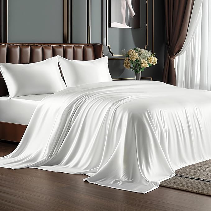 BEDELITE King Size Sheets Set, Luxury Soft White Satin Sheets by BEDELITE