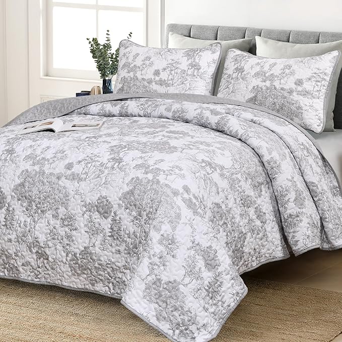 WONGS BEDDING Grey Quilt Set Queen Size, 3 Pieces Botanical Bedspreads Set by WONGSBEDDING