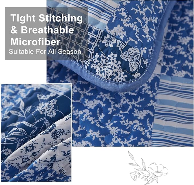Mybedsoul Blue Quilt Set California King, 3 Pieces Plaid Floral Bedspread Set - Image 3