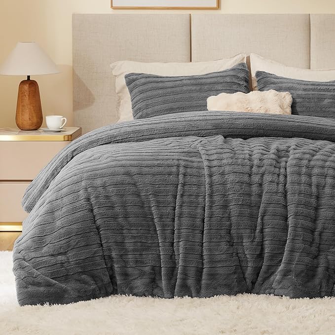 BEDELITE Fleece King Comforter Set -Super Soft & Warm Fluffy Grey Faux Fur by BEDELITE