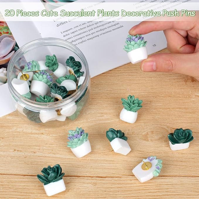 20 Pieces Cute Succulent Plants Decorative Push Pins Colorful Floret Thumbtacks for Photo Wall, Feature Wall, Whiteboard, Cork Board, Map, Bulletin Board, Office or Home (Three Assorted Styles)-DeskoryOffice