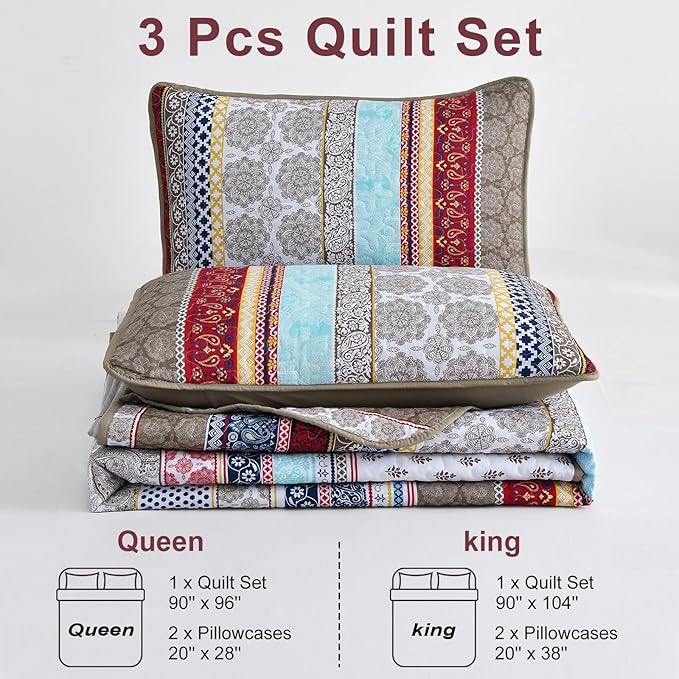 WONGS BEDDING Boho Quilt Set Queen Size, Lightweight Microfiber Bedspread - Image 7