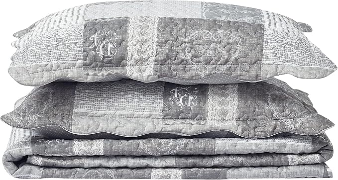 Brilliant Sunshine Grey Heart Love, Floral and Lace Patchwork, 3-Piece Quilt Set - Image 7