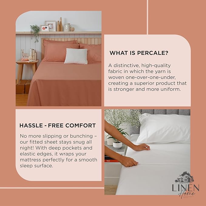 Linen Home 100% Cotton Percale Weave Fitted Sheet, Queen Size, Tera Clay - Image 4
