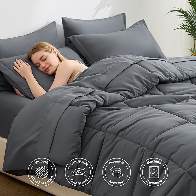 Love's cabin Queen Comforter Set Soot Grey, 7 Pieces Queen Bed in a Bag - Image 3