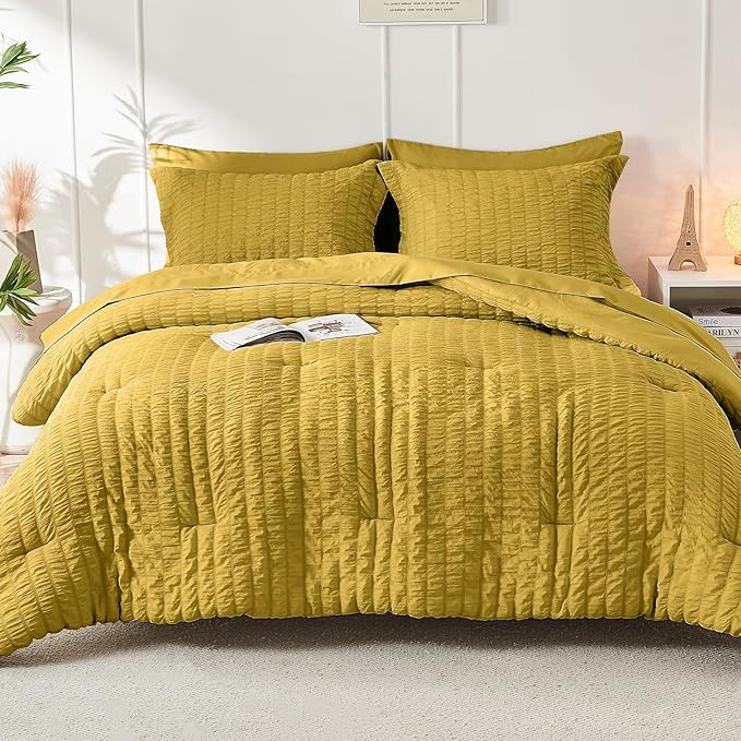 HYMOKEGE Mustard Yellow Twin XL Comforter Set Seersucker 5 Pieces, All Season - Image 9