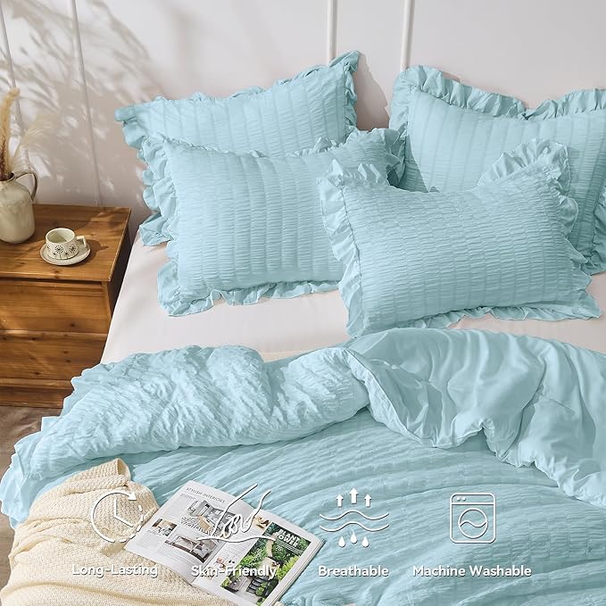 JOLLYVOGUE Light Blue Queen Comforter Set, 3 Pieces Seersucker Comforters Queen - Image 2
