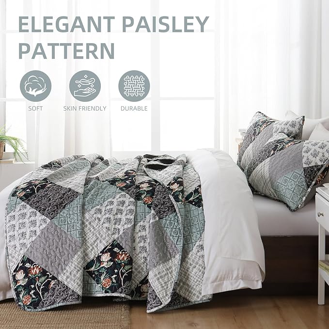 Xruibed Floral Plaid Patchwork Quilt Set King Size 3 Pieces Blue Gray Bedspread - Image 4