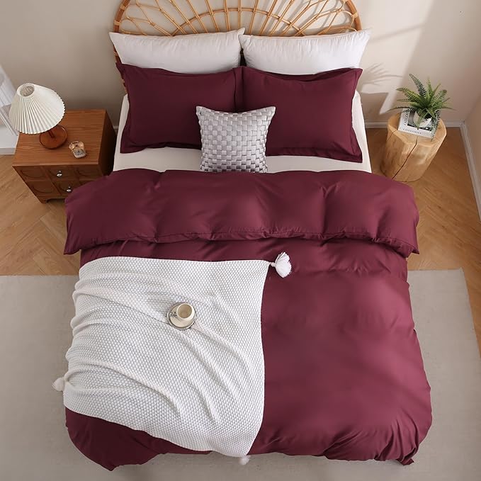 JSD Burgundy Duvet Cover Set Queen Size, 3 Piece Duvet Cover - Image 8
