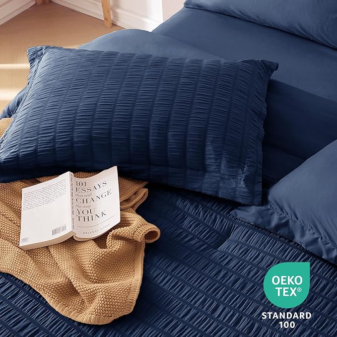 MUXHOMO 7 Pieces Queen Comforter Set, Seersucker Bed in a Bag Queen Size - Image 9
