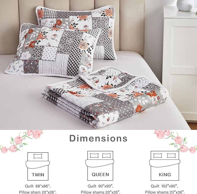 Patchwork Quilt Set King Size, 3 Pieces Grey White Floral Plaid Summer - Image 7