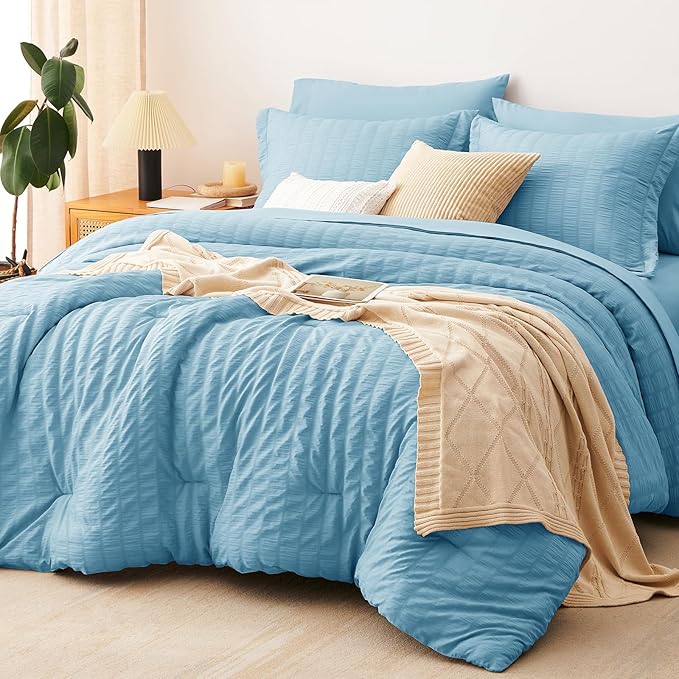 CozyLux King Size Comforter Set Sky Blue Seersucker 7 Pieces Bed in a Bag King by CozyLux