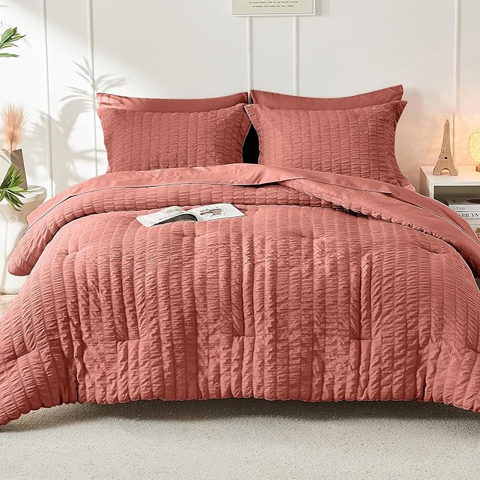 HYMOKEGE Coral Queen Comforter Set Seersucker 7 Pieces, All Season Luxury Bed - Image 9