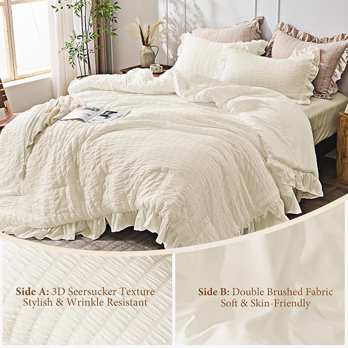 JOLLYVOGUE Ivory Twin Size Comforter Set, 2 Pieces Seersucker Lightweight - Image 5