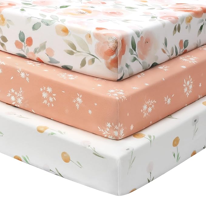 Baby Mini Crib Sheets Girl, Portable 38”x26” Pack and Play Sheets Fitted by FIEMOL