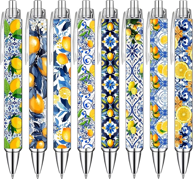 Capri Lemon Pens Set – Mediterranean-Inspired Ballpoint Pens for Girls, Students, and Stationery Lovers – Smooth Writing Pens for School, Journaling, or Gifts – Bright and Elegant Design, 8 Pack-DeskoryOffice