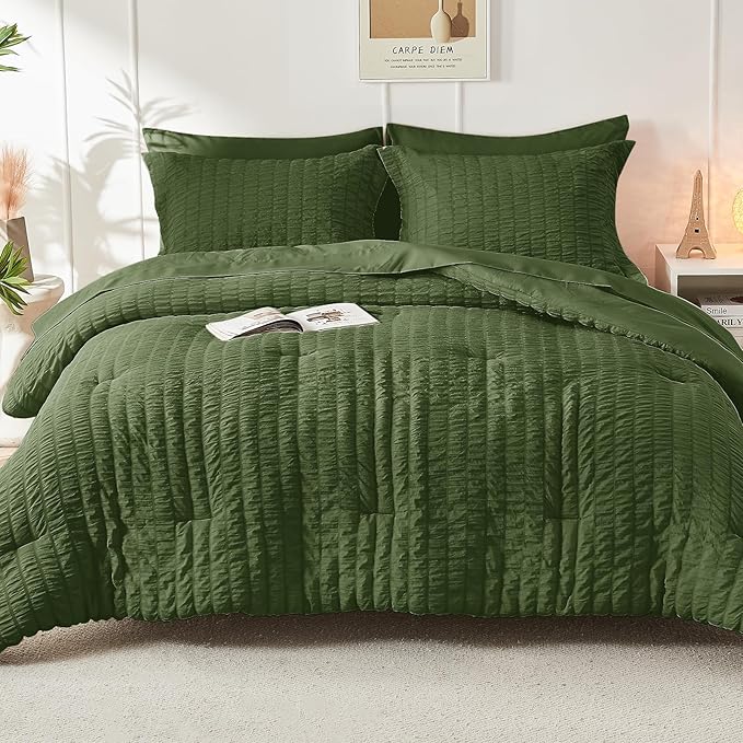 HYMOKEGE Olive Green Twin Comforter Set Seersucker 5 Pieces, All Season Luxury - Image 9