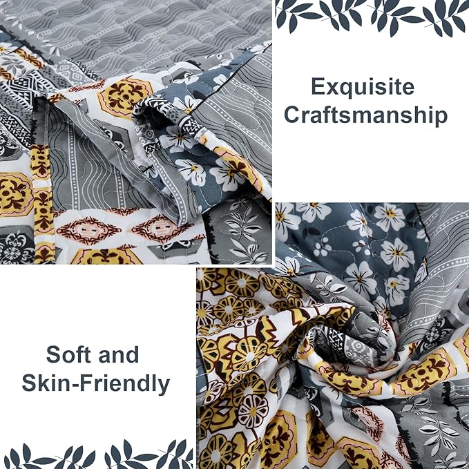 Mybedsoul Dark Grey Quilt Set Queen Size, 3 Pieces Plaid Floral Bedspread Set - Image 4