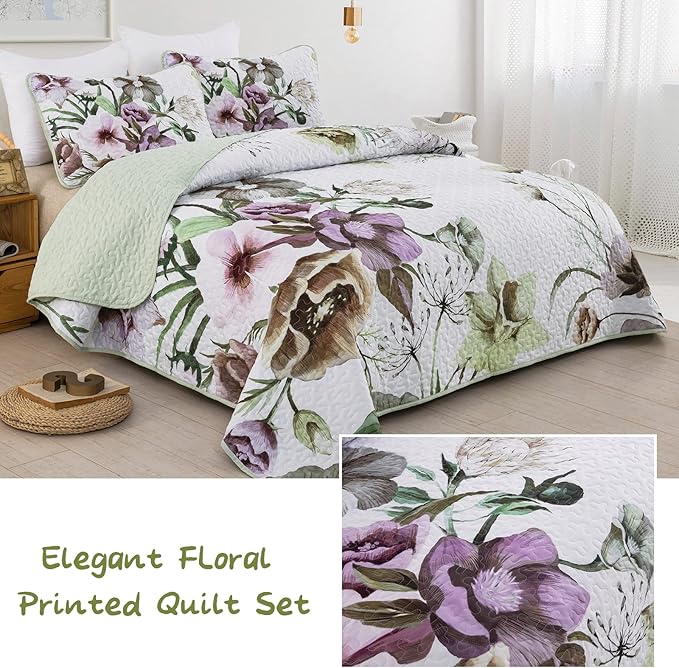 Floral Quilt Set Queen 3 Pieces Boho Green Quilt Coverlet Set Soft Microfiber - Image 2