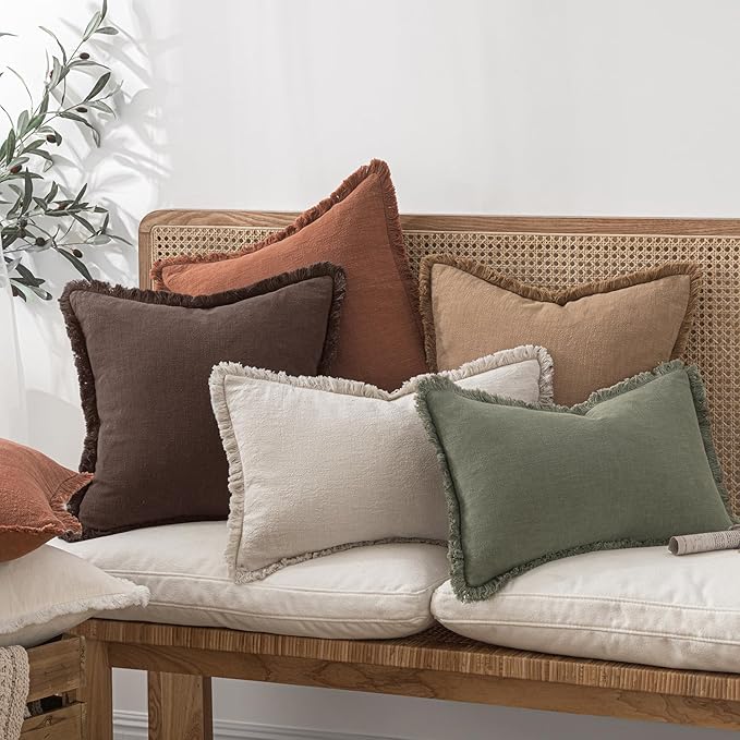 MIULEE Decorative Throw Pillow Covers Neutral Linen Fringe Throw Pillows Euro - Image 2