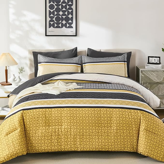 WONGS BEDDING Yellow Grey Queen Comforter Set 7 Pieces, Boho Striped Bed in a - Image 2