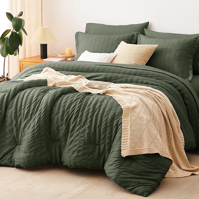 CozyLux Queen Comforter Set Dark Green Seersucker 7 Pieces Bed in a Bag Queen by CozyLux