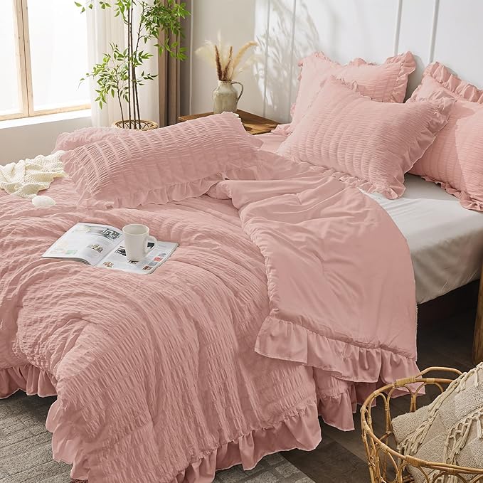 JOLLYVOGUE Queen Comforter Set, 3 Pieces Rose Gold Seersucker Comforters Queen - Image 7