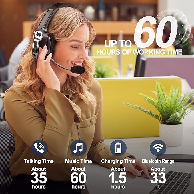 Trucker Bluetooth Headset, V5.2 Wireless Headset with Upgraded Microphone AI Noise Canceling, On Ear Bluetooth Headphone with Mute for Driver Office Call Center (Black+Dongle)-DeskoryOffice