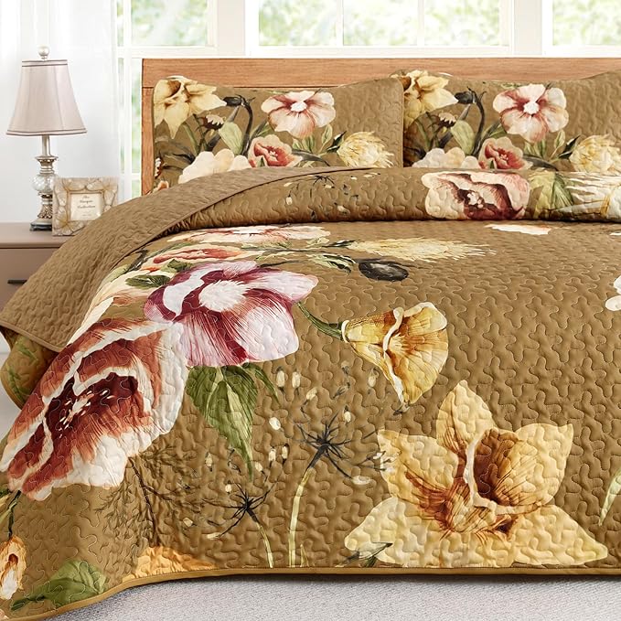 Drucon Brown Floral Quilt Set Queen Size 3 Pieces Brown Botanical Flower Quilt - Image 5