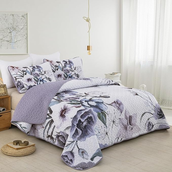 Drucon Purple Floral Quilt Set King Size 3 Pieces Purple Botanical Flower Quilt - Image 2