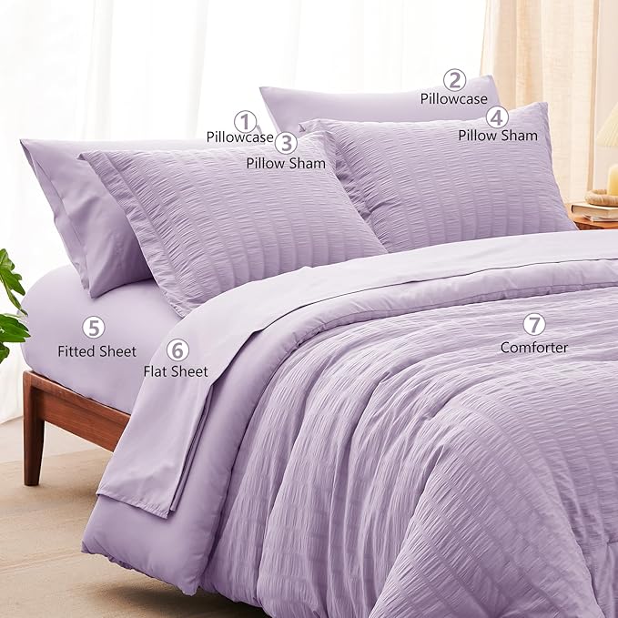 CozyLux King Size Comforter Set Light Purple Seersucker 7 Pieces Bed in a Bag - Image 6