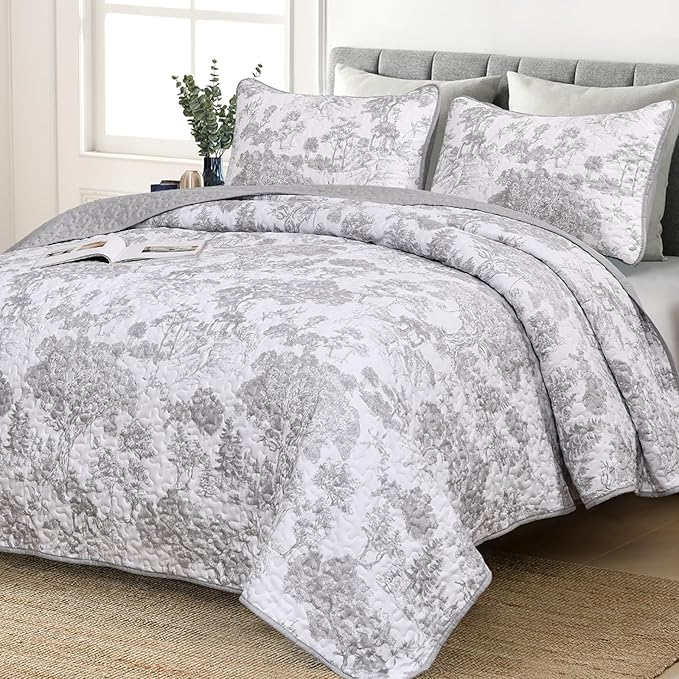 WONGS BEDDING Grey Quilt Set Full Size, 3 Pieces Botanical Bedspreads Set by WONGSBEDDING