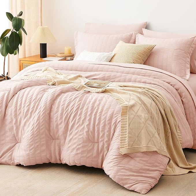 CozyLux Queen Comforter Set Blush Pink Seersucker 7 Pieces Bed in a Bag Queen by CozyLux