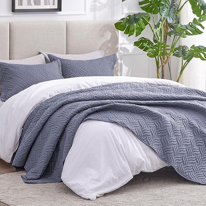 Love's cabin King Size Quilt Bedding Set Bluish Grey Bedspreads - Image 2