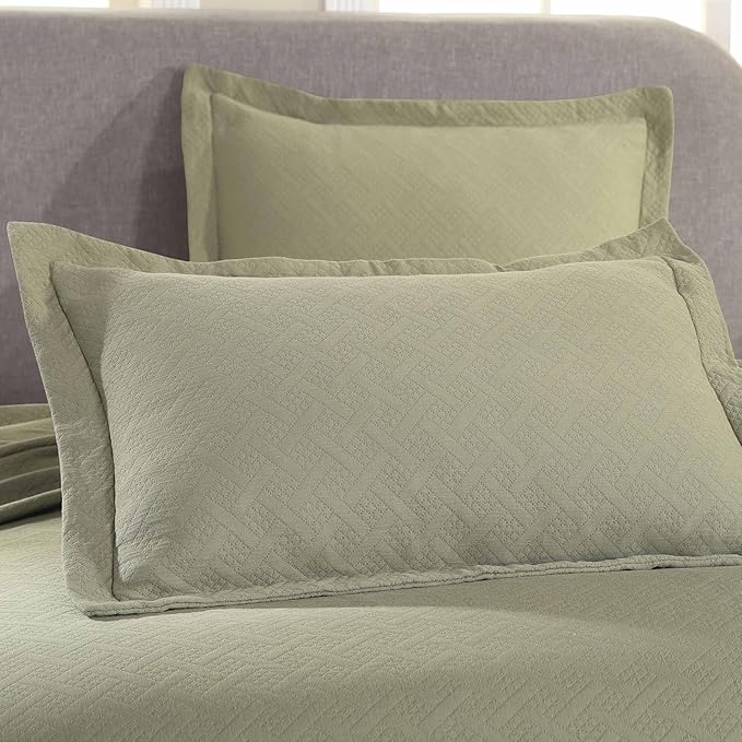 Superior 2 Piece Basketweave Cotton Bedspread Set, Home Bed Decor, Decorative Bed Spread, 1 Pillow Sham, Medium Weight Blanket, Matelasse Coverlet Bedding, Geometric Lattice Pattern, Twin, Sage