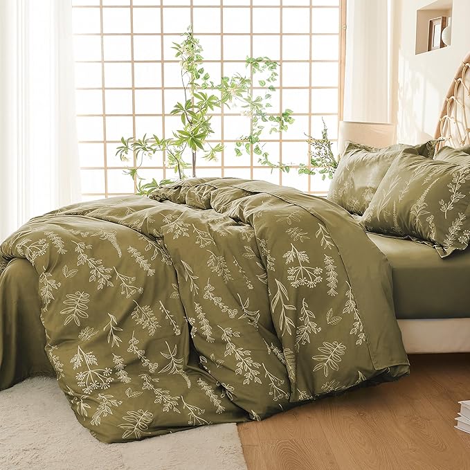 MUXHOMO Duvet Cover Queen Size, Reversible Floral Olive Green Duvet Cover Set - Image 2