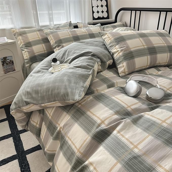 mixinni Green Grid Duvet Cover Set Queen - Image 3