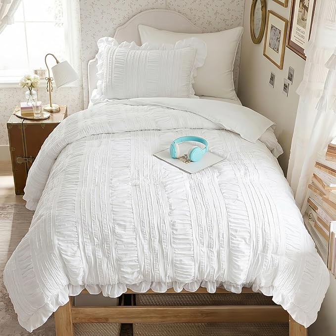 WONGS BEDDING White Comforter Set Twin, 3 Pieces Ruffle Shabby Chic Comforter by WONGSBEDDING