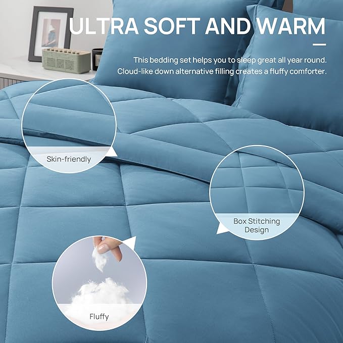 Love's cabin Twin Comforter Set Misty Blue, 5 Pieces Twin Bed in a Bag - Image 5