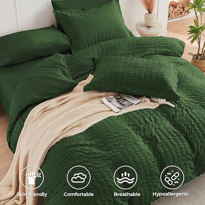 HYMOKEGE Dark Green Full Size Comforter Sets Seersucker 7 Pieces, All Season - Image 3